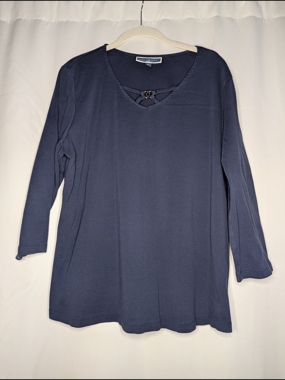 Karen Scott Navy Long Sleeve V-Neck Top with Lattice Accent